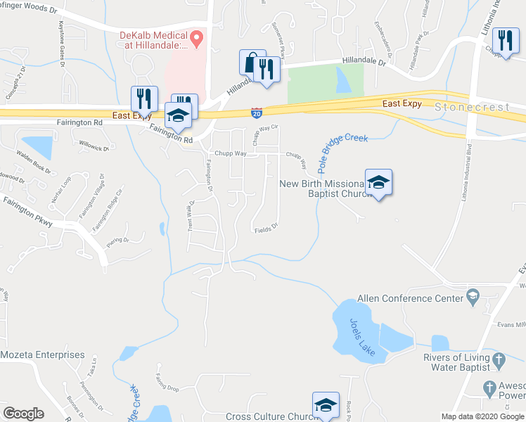 map of restaurants, bars, coffee shops, grocery stores, and more near 2948 Fields Drive in Stonecrest