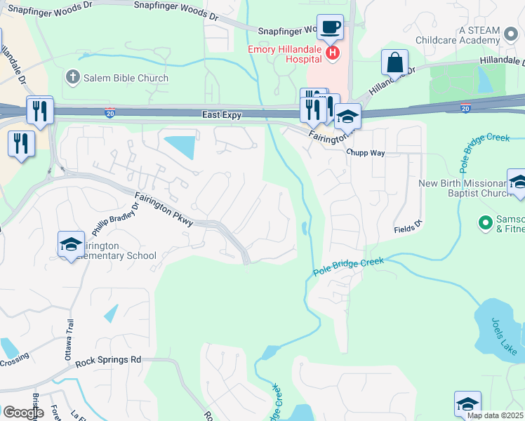 map of restaurants, bars, coffee shops, grocery stores, and more near 13104 Fairington Ridge Circle in Stonecrest