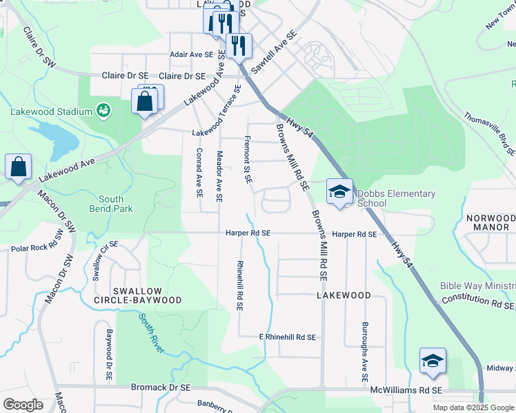 map of restaurants, bars, coffee shops, grocery stores, and more near 2037 Lakewood Trail Southeast in Atlanta