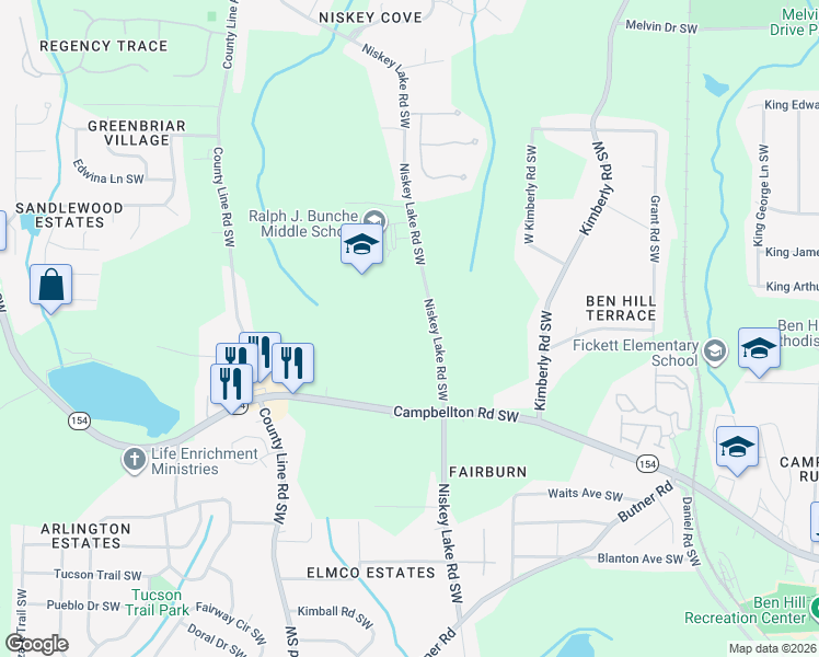 map of restaurants, bars, coffee shops, grocery stores, and more near 2043 Niskey Lake Road Southwest in Atlanta