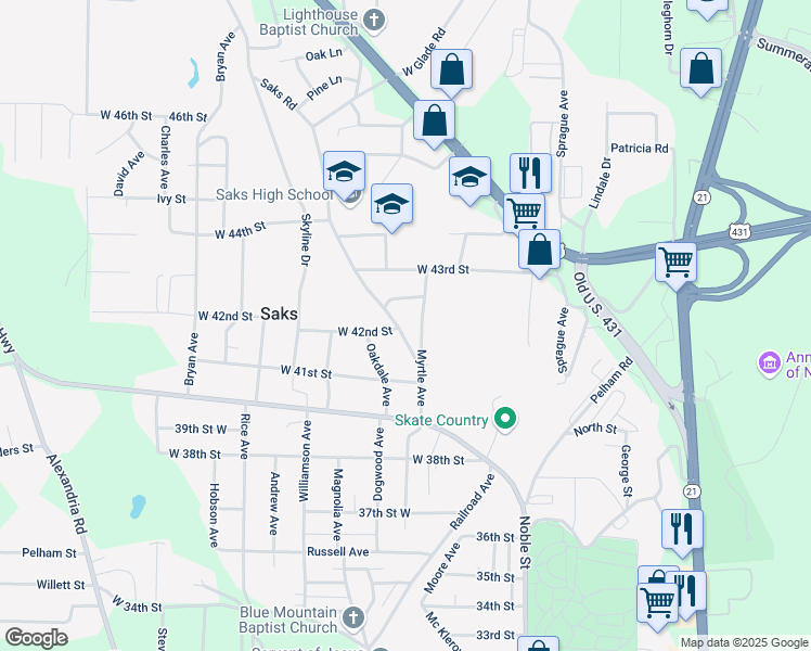 map of restaurants, bars, coffee shops, grocery stores, and more near 210 Hughes Street in Anniston