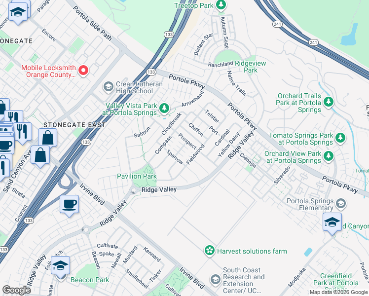 map of restaurants, bars, coffee shops, grocery stores, and more near 122 Laceflower in Irvine