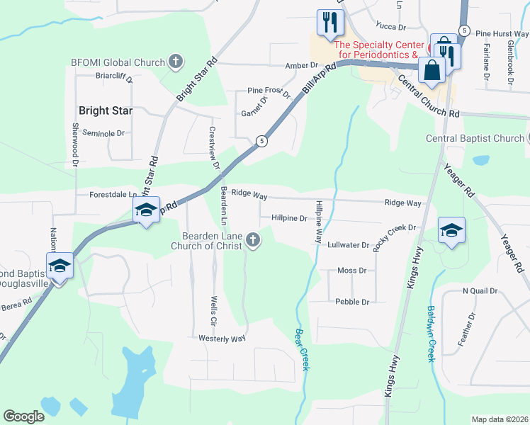 map of restaurants, bars, coffee shops, grocery stores, and more near 6308 Ridge Way in Douglasville
