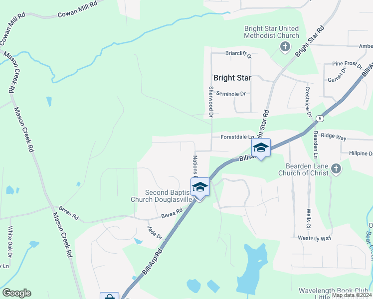 map of restaurants, bars, coffee shops, grocery stores, and more near 3960 Watkins Way in Douglasville
