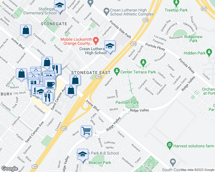 map of restaurants, bars, coffee shops, grocery stores, and more near 65 Plateau in Irvine