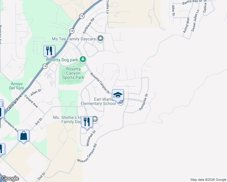 map of restaurants, bars, coffee shops, grocery stores, and more near 41003 Crimson Pillar Lane in Lake Elsinore