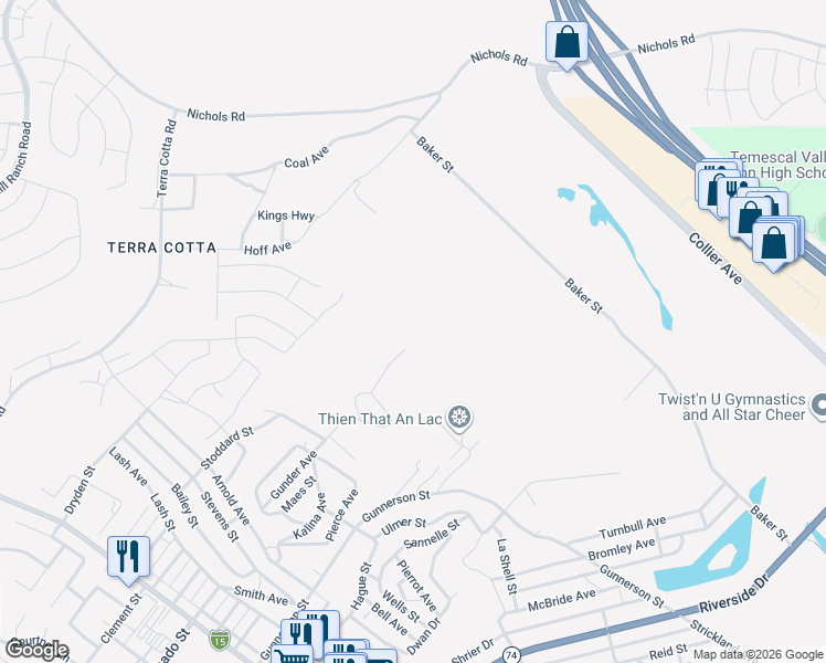 map of restaurants, bars, coffee shops, grocery stores, and more near Gunder Avenue in Lake Elsinore