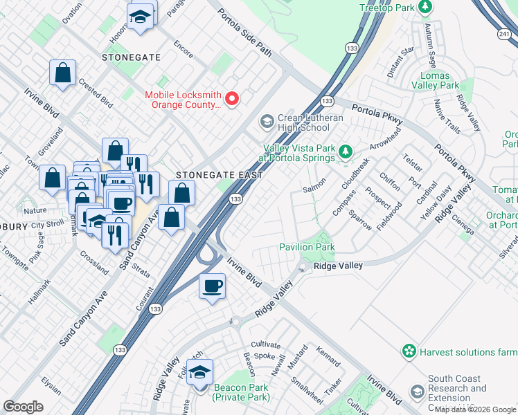 map of restaurants, bars, coffee shops, grocery stores, and more near 67 Plateau in Irvine