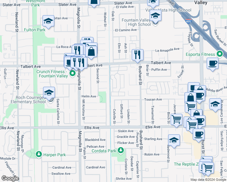 map of restaurants, bars, coffee shops, grocery stores, and more near 105 Crow Lane in Fountain Valley
