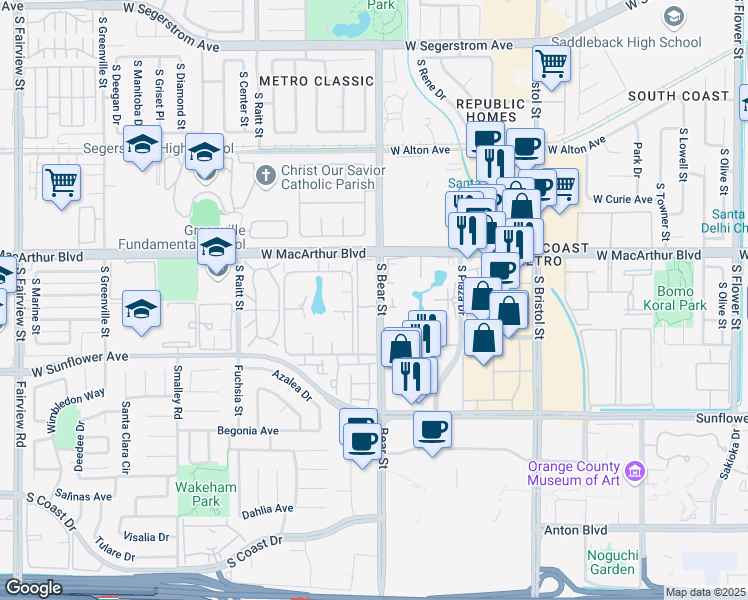 map of restaurants, bars, coffee shops, grocery stores, and more near 3680 South Bear Street in Santa Ana