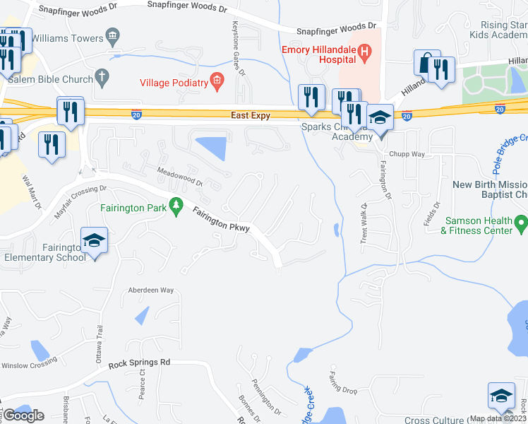 map of restaurants, bars, coffee shops, grocery stores, and more near 3201 Fairington Village Drive in Lithonia