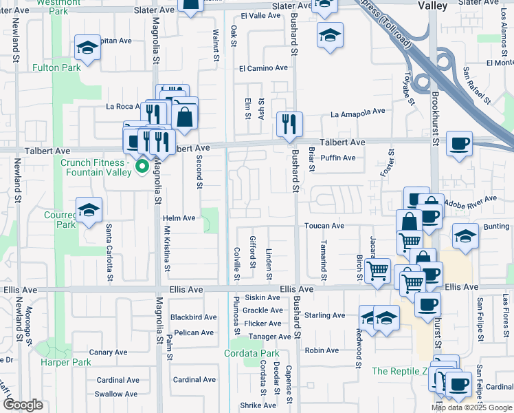 map of restaurants, bars, coffee shops, grocery stores, and more near 207 Crow Lane in Fountain Valley