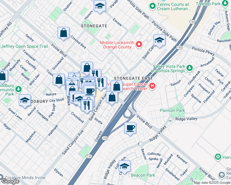 map of restaurants, bars, coffee shops, grocery stores, and more near 6251 Irvine Boulevard in Irvine