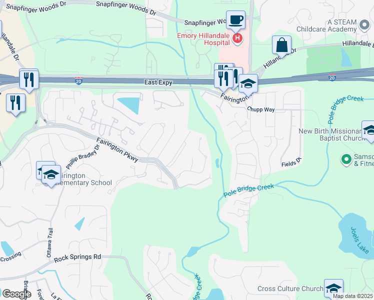 map of restaurants, bars, coffee shops, grocery stores, and more near 6101 Fairington Ridge Circle in Stonecrest