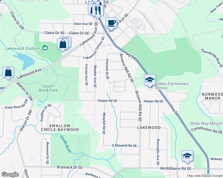 map of restaurants, bars, coffee shops, grocery stores, and more near 2037 Lakewood Trail Southeast in Atlanta