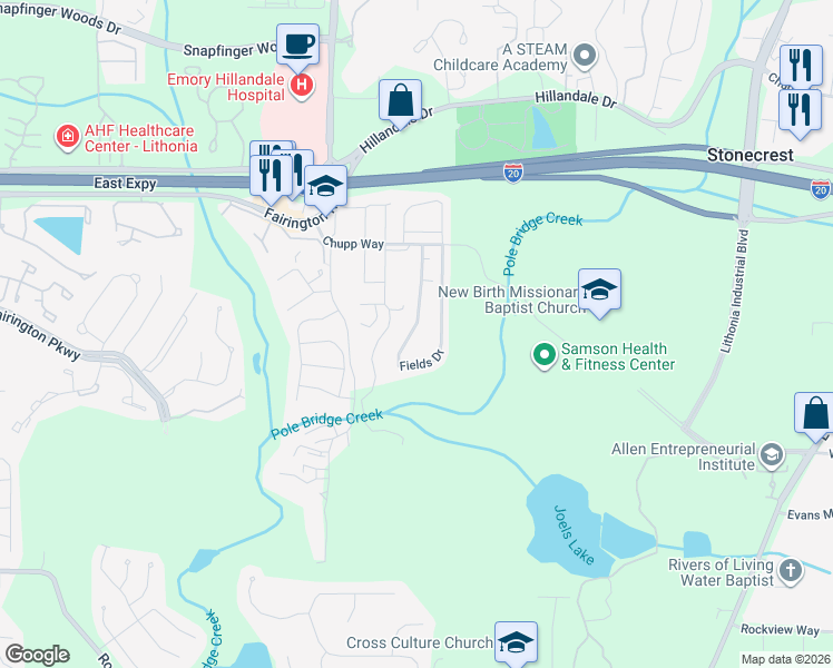 map of restaurants, bars, coffee shops, grocery stores, and more near 2948 Fields Drive in Stonecrest