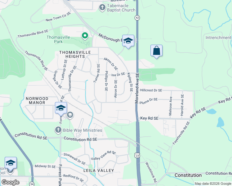 map of restaurants, bars, coffee shops, grocery stores, and more near 2022 Akron Dr SE in Atlanta