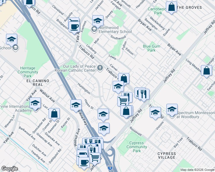 map of restaurants, bars, coffee shops, grocery stores, and more near 32 Cartier Aisle in Irvine