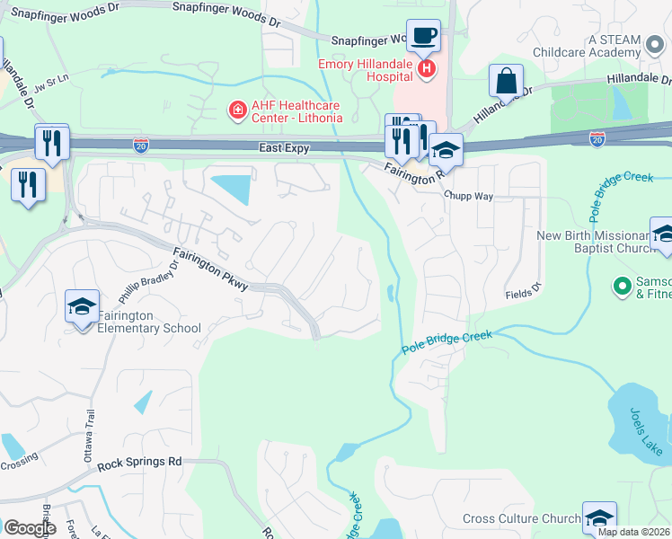 map of restaurants, bars, coffee shops, grocery stores, and more near 6101 Fairington Ridge Circle in Stonecrest