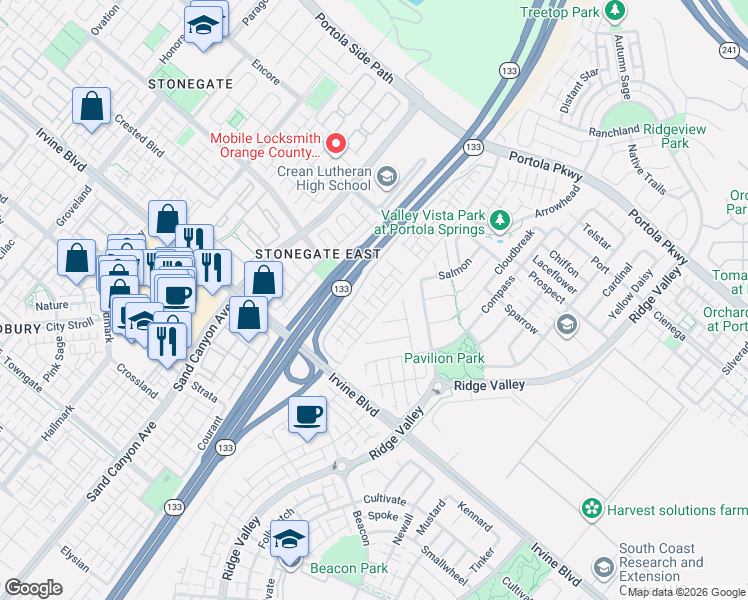 map of restaurants, bars, coffee shops, grocery stores, and more near 73 Plateau in Irvine