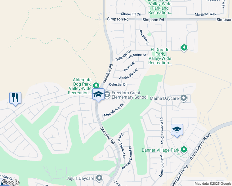 map of restaurants, bars, coffee shops, grocery stores, and more near 29111 Blue Moon Drive in Menifee