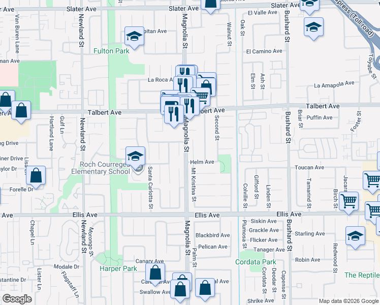 map of restaurants, bars, coffee shops, grocery stores, and more near 18211 Devonwood Circle in Fountain Valley