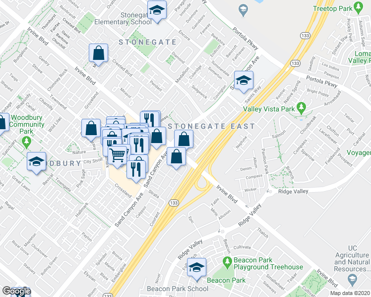 map of restaurants, bars, coffee shops, grocery stores, and more near 35 Bromeliad in Irvine