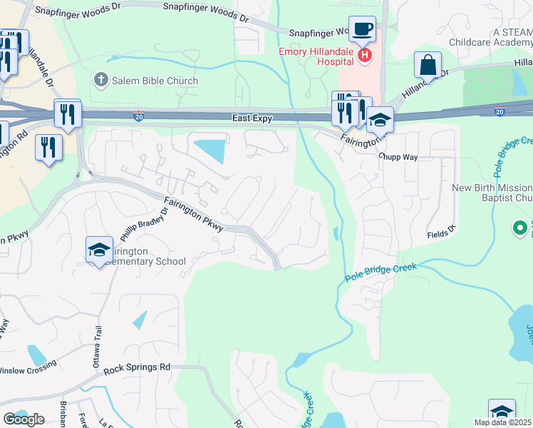 map of restaurants, bars, coffee shops, grocery stores, and more near 3102 Fairington Village Drive in Stonecrest