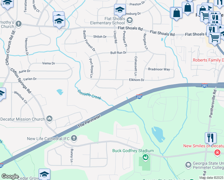 map of restaurants, bars, coffee shops, grocery stores, and more near 2539 Appomattox Drive in Decatur