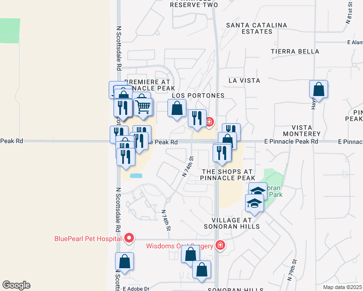 map of restaurants, bars, coffee shops, grocery stores, and more near 7450 East Pinnacle Peak Road in Scottsdale