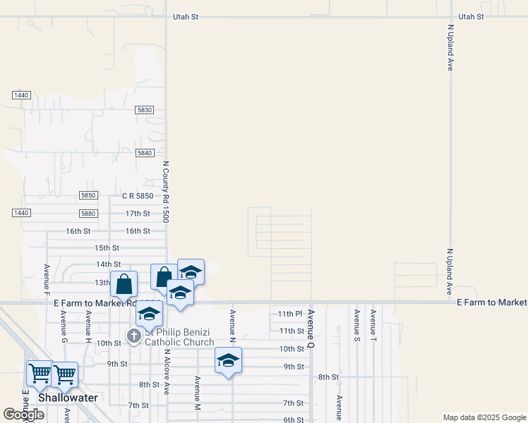map of restaurants, bars, coffee shops, grocery stores, and more near 10811 Avenue L in Shallowater