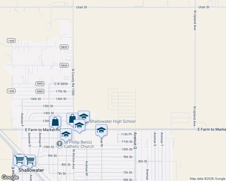 map of restaurants, bars, coffee shops, grocery stores, and more near 10811 Avenue L in Shallowater
