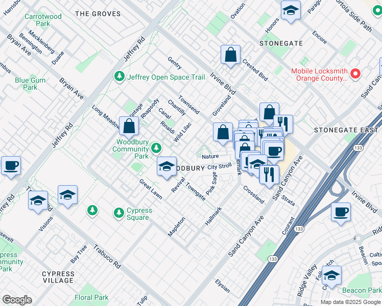 map of restaurants, bars, coffee shops, grocery stores, and more near 114 Rinaldi in Irvine