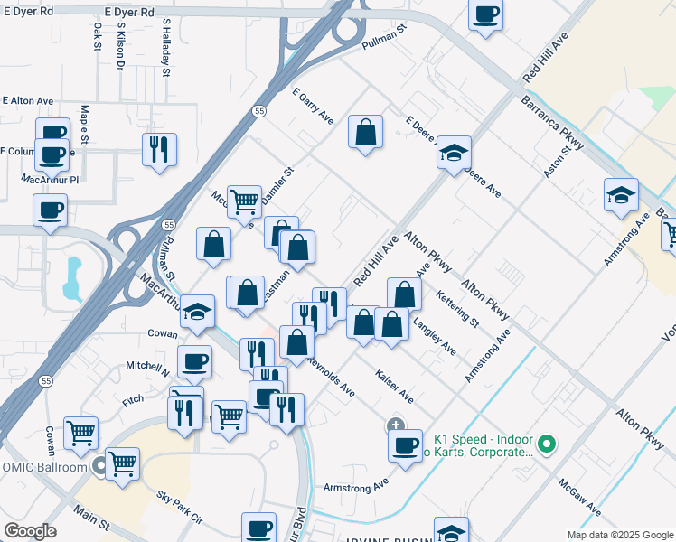map of restaurants, bars, coffee shops, grocery stores, and more near 1 Edwards Way in Irvine