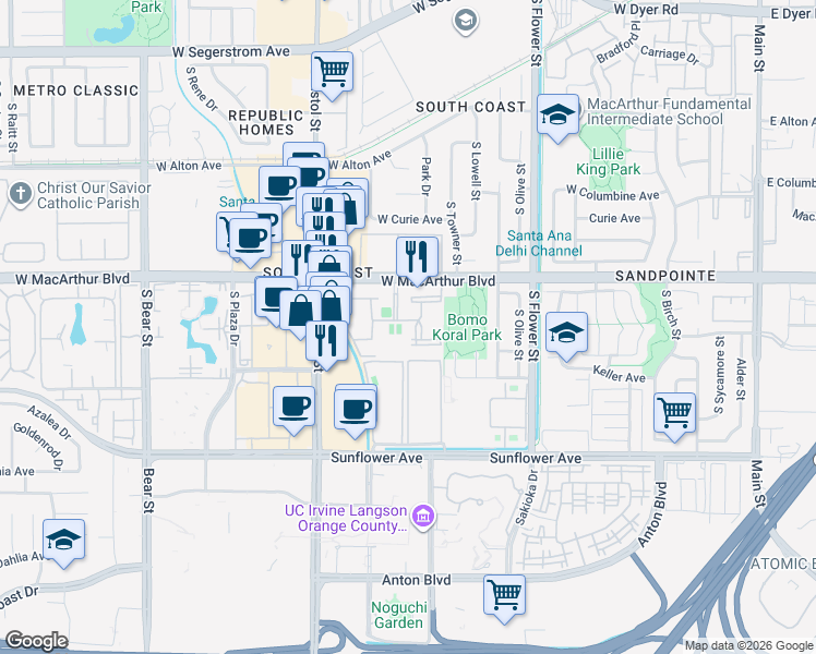 map of restaurants, bars, coffee shops, grocery stores, and more near 1000 West MacArthur Boulevard in Santa Ana