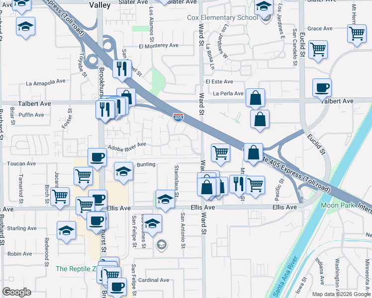 map of restaurants, bars, coffee shops, grocery stores, and more near 10453 Rio Grande Court in Fountain Valley