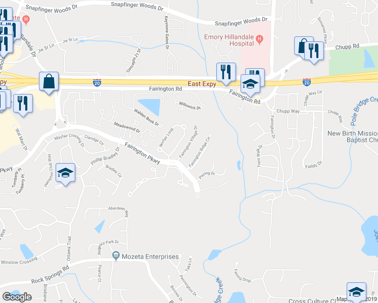 map of restaurants, bars, coffee shops, grocery stores, and more near 3102 Fairington Village Drive in Stonecrest