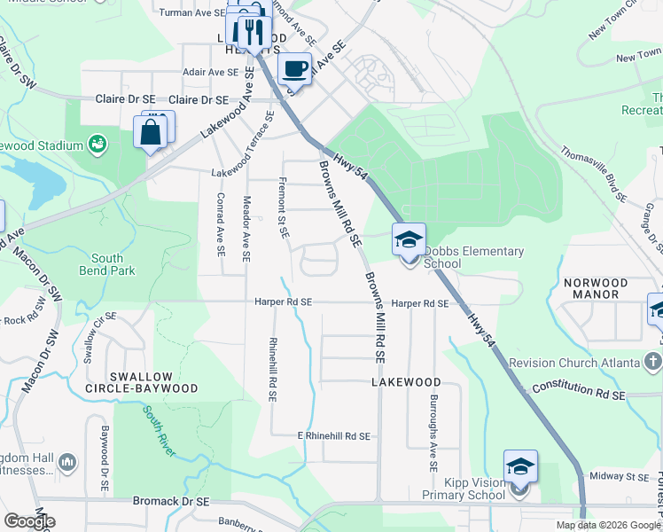 map of restaurants, bars, coffee shops, grocery stores, and more near 375 Greendale Drive Southeast in Atlanta