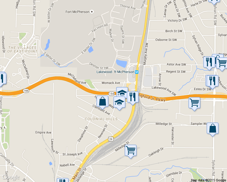 map of restaurants, bars, coffee shops, grocery stores, and more near 1336 McClelland Avenue in East Point