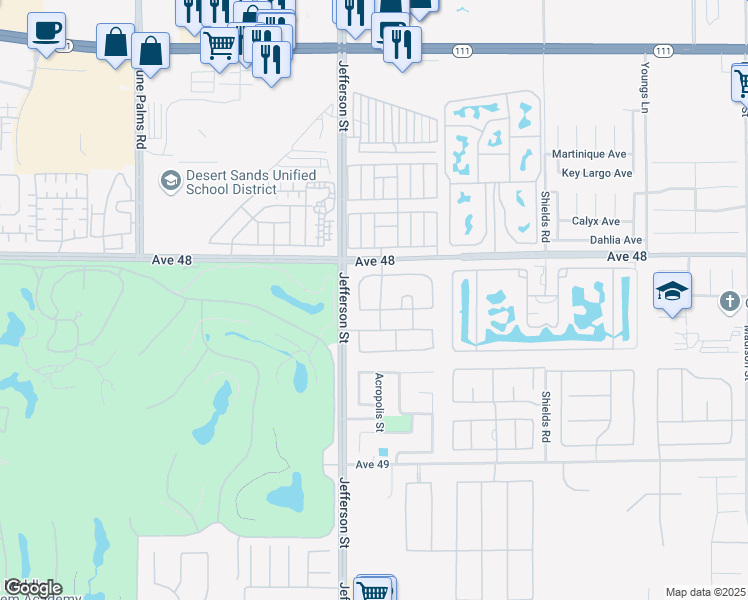 map of restaurants, bars, coffee shops, grocery stores, and more near 48193 Newport Bridge Place in Indio