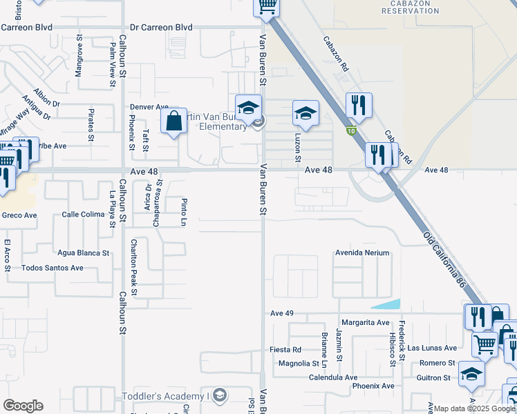 map of restaurants, bars, coffee shops, grocery stores, and more near 48267 Van Buren Street in Coachella