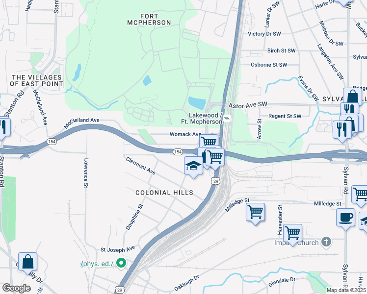 map of restaurants, bars, coffee shops, grocery stores, and more near 1336 McClelland Avenue in East Point
