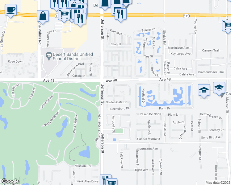 map of restaurants, bars, coffee shops, grocery stores, and more near 48194 Newport Bridge Place in Indio