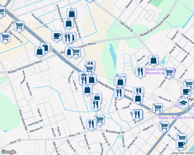 map of restaurants, bars, coffee shops, grocery stores, and more near 1320 U.S. 501 in Myrtle Beach