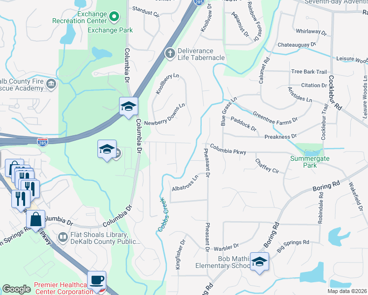 map of restaurants, bars, coffee shops, grocery stores, and more near 3453 Columbia Pkwy in Decatur