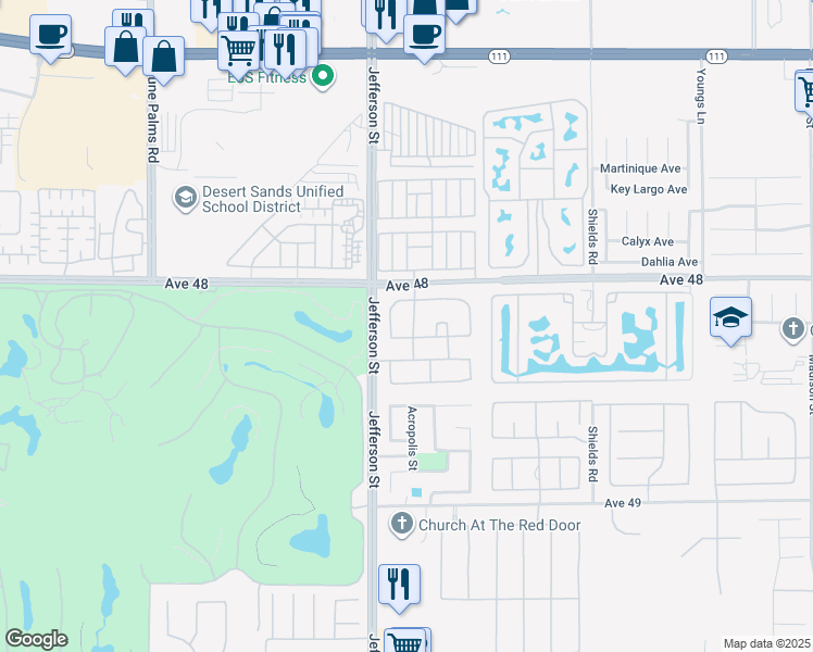 map of restaurants, bars, coffee shops, grocery stores, and more near 48193 Newport Bridge Place in Indio