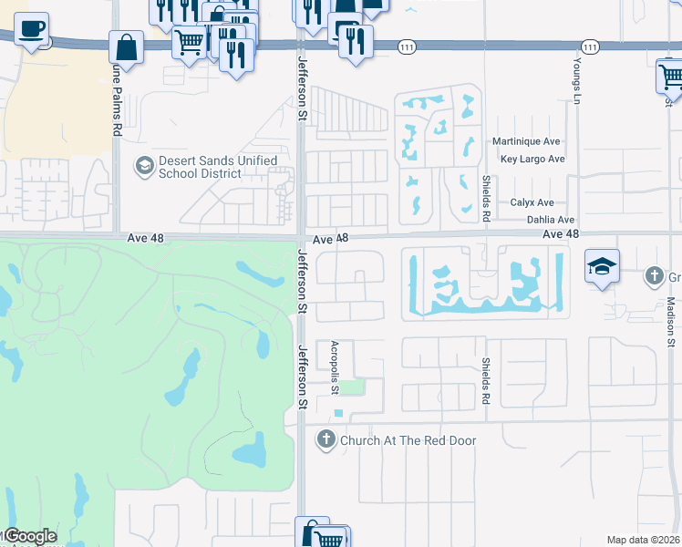map of restaurants, bars, coffee shops, grocery stores, and more near 48194 Newport Bridge Place in Indio