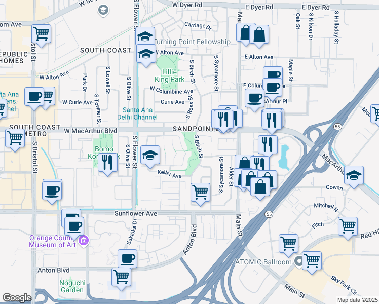 map of restaurants, bars, coffee shops, grocery stores, and more near 3701 South Ross Street in Santa Ana