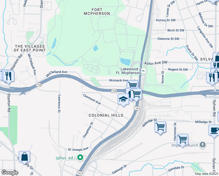 map of restaurants, bars, coffee shops, grocery stores, and more near 1372 McClelland Avenue in East Point