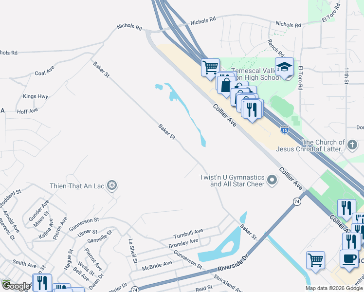 map of restaurants, bars, coffee shops, grocery stores, and more near Baker Street in Lake Elsinore